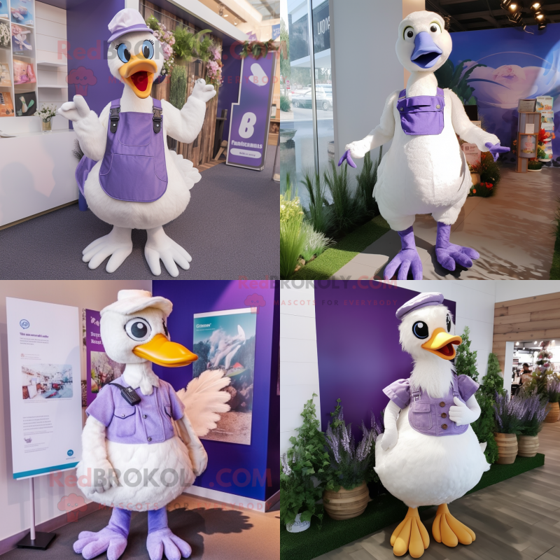 Lavender Swan mascot costume character dressed with Dungarees and Earrings