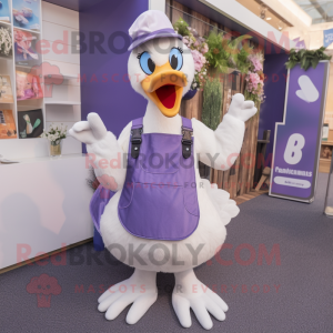 Lavender Swan mascot costume character dressed with Dungarees and Earrings