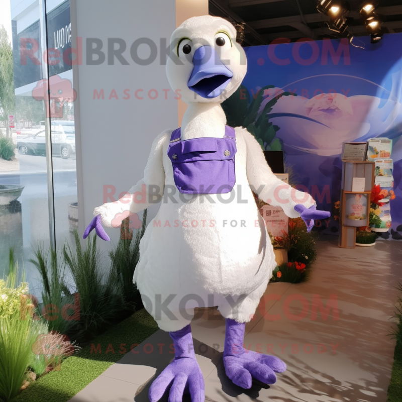 Lavender Swan mascot costume character dressed with Dungarees and Earrings