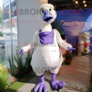 Lavender Swan mascot costume character dressed with Dungarees and Earrings