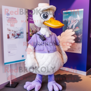 Lavender Swan mascot costume character dressed with Dungarees and Earrings