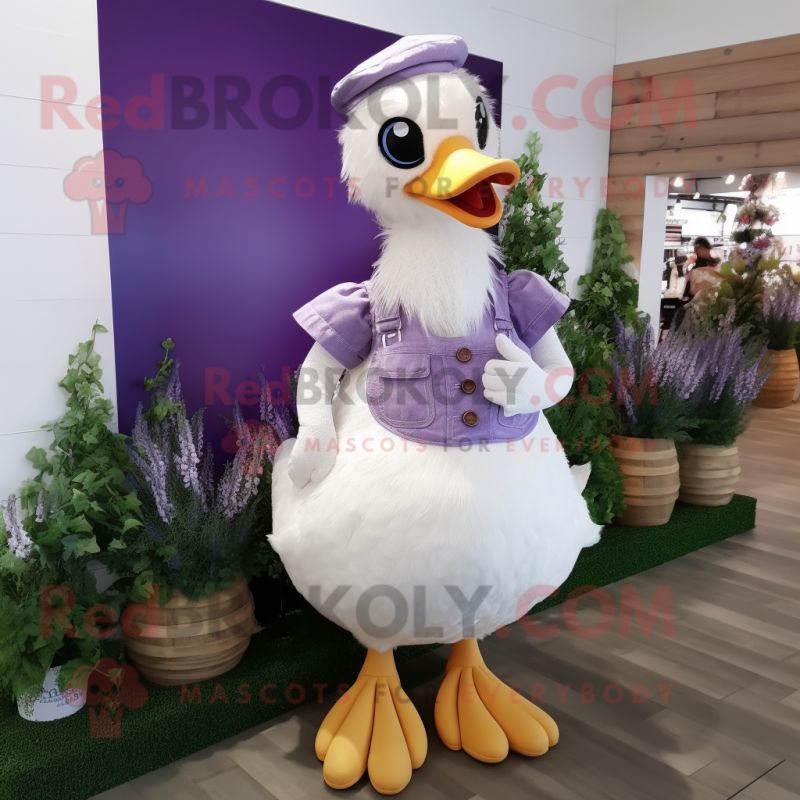 Lavender Swan mascot costume character dressed with Dungarees and Earrings