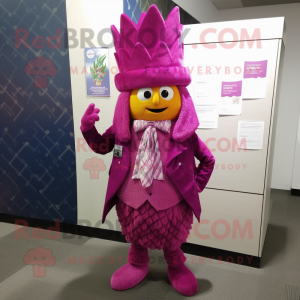 Magenta Pineapple mascot costume character dressed with Dress Shirt and Shawl pins