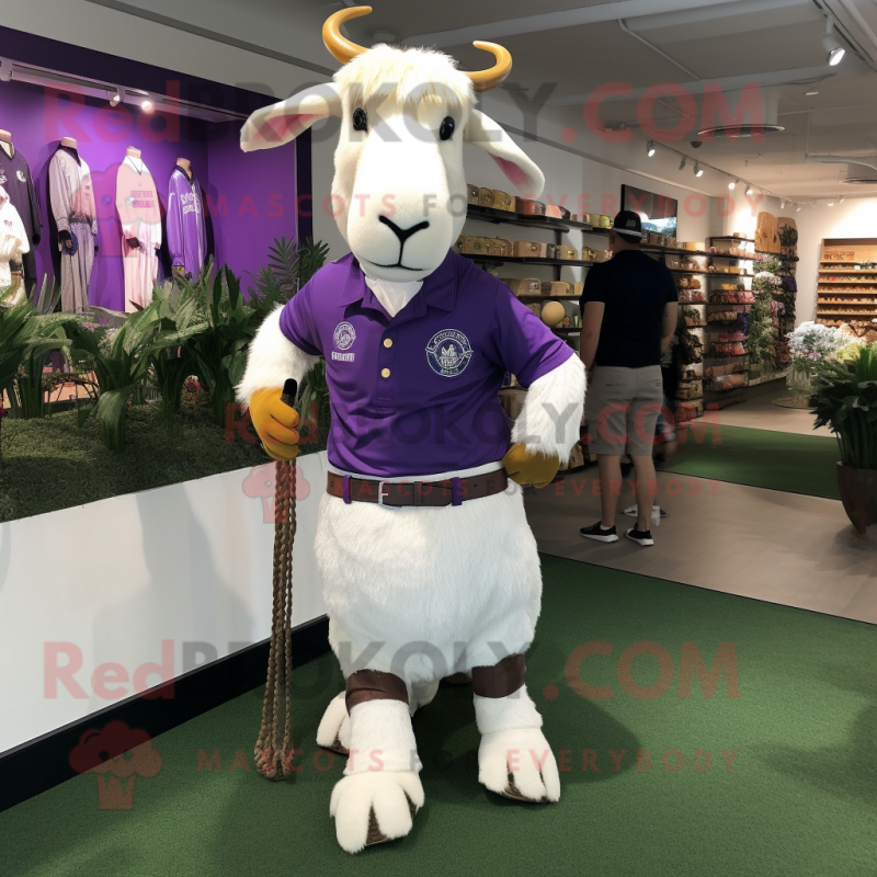 Purple Boer goat mascot costume character dressed with Polo Shirt and Watches