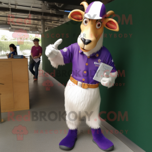 Purple Boer goat mascot costume character dressed with Polo Shirt and Watches