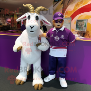 Purple Boer goat mascot costume character dressed with Polo Shirt and Watches