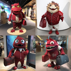 Maroon Piranha mascot costume character dressed with Cardigan and Handbags