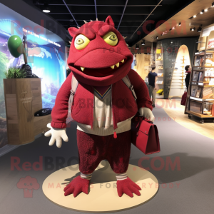 Maroon Piranha mascot costume character dressed with Cardigan and Handbags