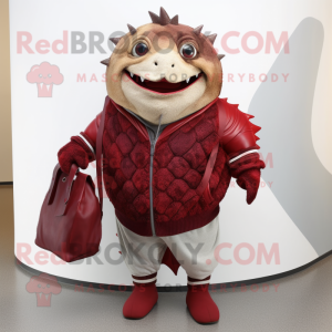 Maroon Piranha mascot costume character dressed with Cardigan and Handbags