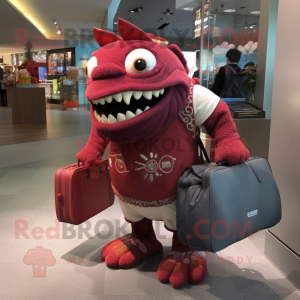 Maroon Piranha mascot costume character dressed with Cardigan and Handbags