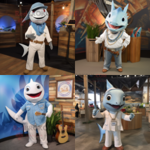 White Swordfish mascot costume character dressed with Chambray Shirt and Necklaces