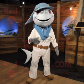 White Swordfish mascot costume character dressed with Chambray Shirt and Necklaces