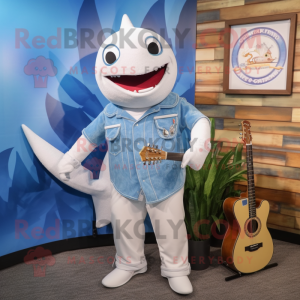 White Swordfish mascot costume character dressed with Chambray Shirt and Necklaces