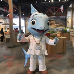 White Swordfish mascot costume character dressed with Chambray Shirt and Necklaces