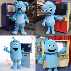 Sky Blue Television mascot costume character dressed with Henley Tee and Mittens
