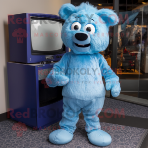 Sky Blue Television mascot costume character dressed with Henley Tee and Mittens