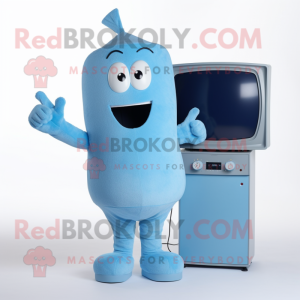 Sky Blue Television mascot costume character dressed with Henley Tee and Mittens