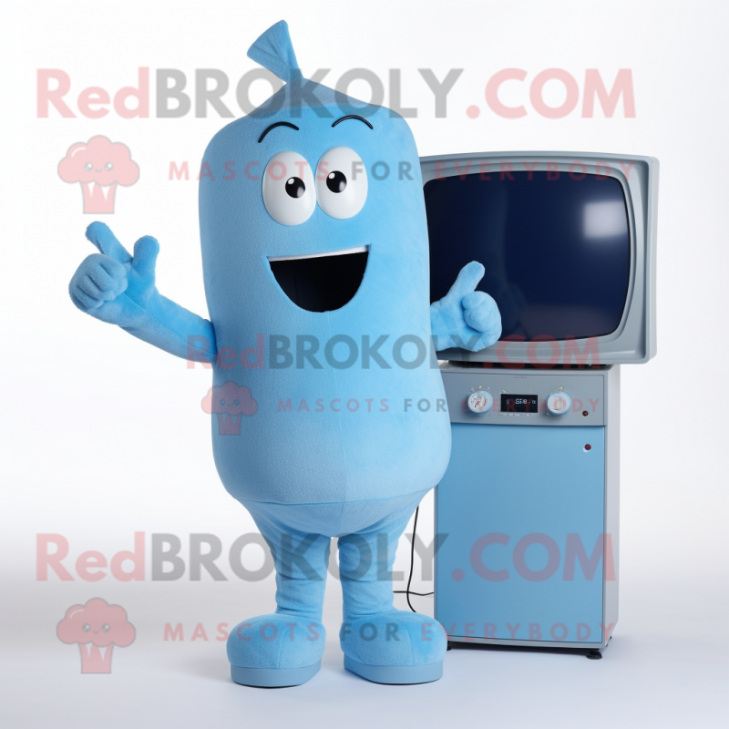 Sky Blue Television mascot costume character dressed with Henley Tee and Mittens Sky Blue Television mascot costume character dressed with Henley Tee and Mittens