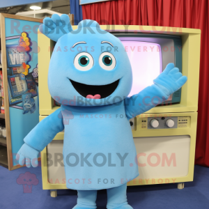 Sky Blue Television mascot costume character dressed with Henley Tee and Mittens