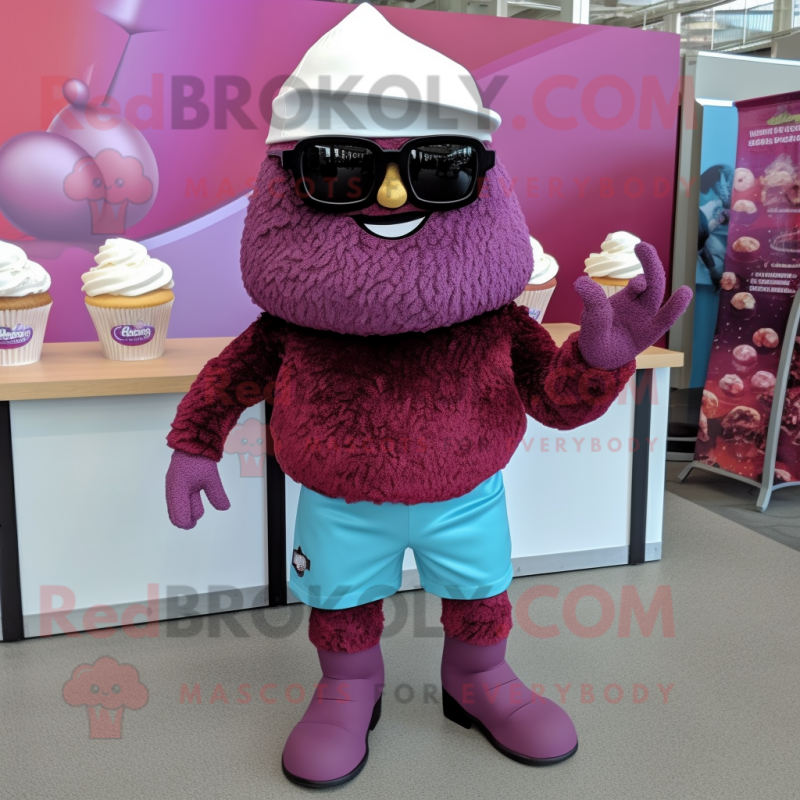Maroon Cupcake mascot costume character dressed with Shorts and Sunglasses