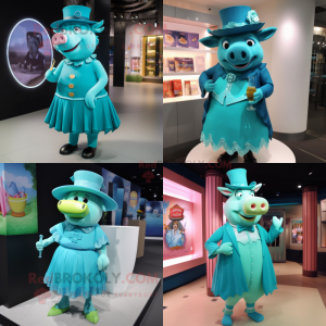 Turquoise Sow mascot costume character dressed with Cocktail Dress and Hat pins