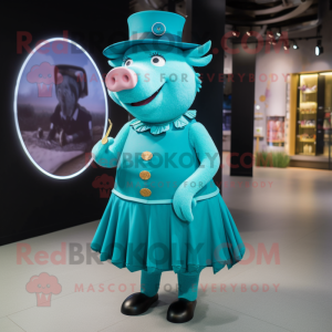 Turquoise Sow mascot costume character dressed with Cocktail Dress and Hat pins