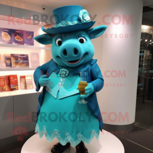 Turquoise Sow mascot costume character dressed with Cocktail Dress and Hat pins