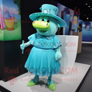 Turquoise Sow mascot costume character dressed with Cocktail Dress and Hat pins