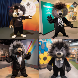 Black Porcupine mascot costume character dressed with Henley Tee and Bow ties