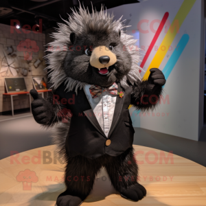 Black Porcupine mascot costume character dressed with Henley Tee and Bow ties