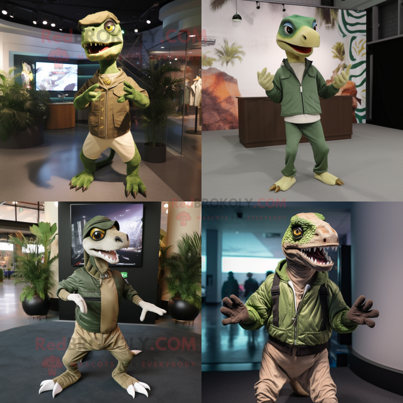 Olive Velociraptor mascot costume character dressed with Sweatshirt and Belts