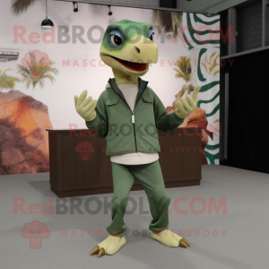 Olive Velociraptor mascot costume character dressed with Sweatshirt and Belts