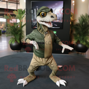 Olive Velociraptor mascot costume character dressed with Sweatshirt and Belts