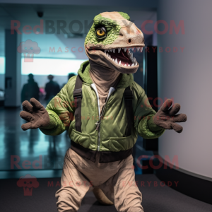 Olive Velociraptor mascot costume character dressed with Sweatshirt and Belts