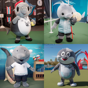 Gray Narwhal mascot costume character dressed with Rugby Shirt and Suspenders