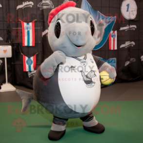 Gray Narwhal mascot costume character dressed with Rugby Shirt and Suspenders