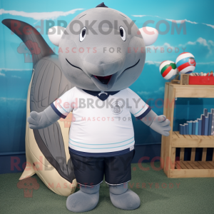 Gray Narwhal mascot costume character dressed with Rugby Shirt and Suspenders