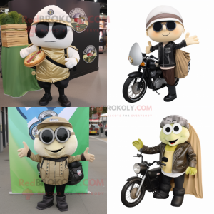 Olive Clam Chowder mascot costume character dressed with Biker Jacket and Messenger bags