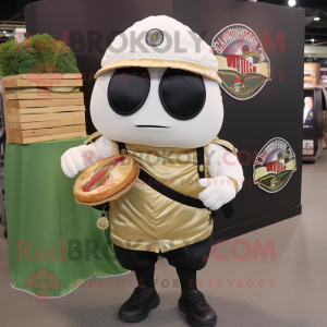 Olive Clam Chowder mascot costume character dressed with Biker Jacket and Messenger bags