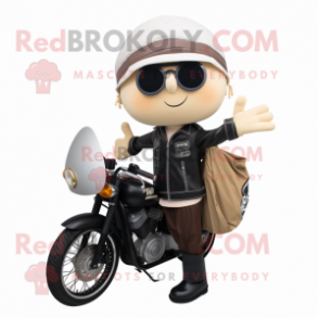 Olive Clam Chowder mascot costume character dressed with Biker Jacket and Messenger bags