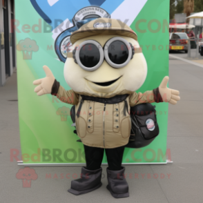 Olive Clam Chowder mascot costume character dressed with Biker Jacket and Messenger bags