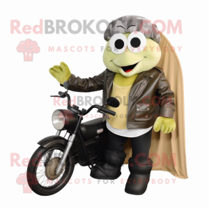 Olive Clam Chowder mascot costume character dressed with Biker Jacket and Messenger bags