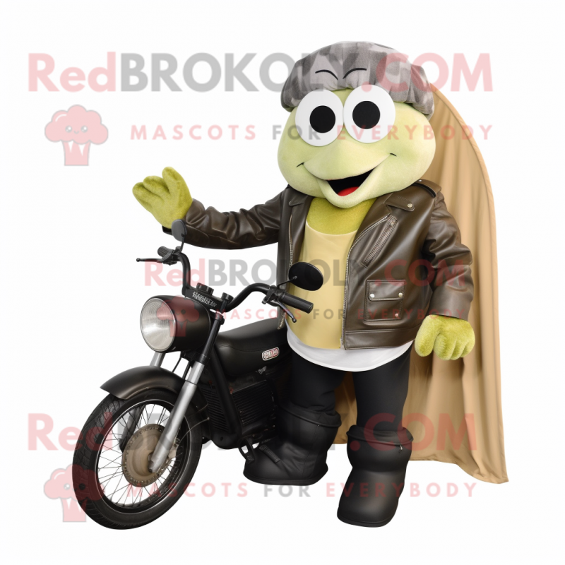 Olive Clam Chowder mascot costume character dressed with Biker Jacket and Messenger bags