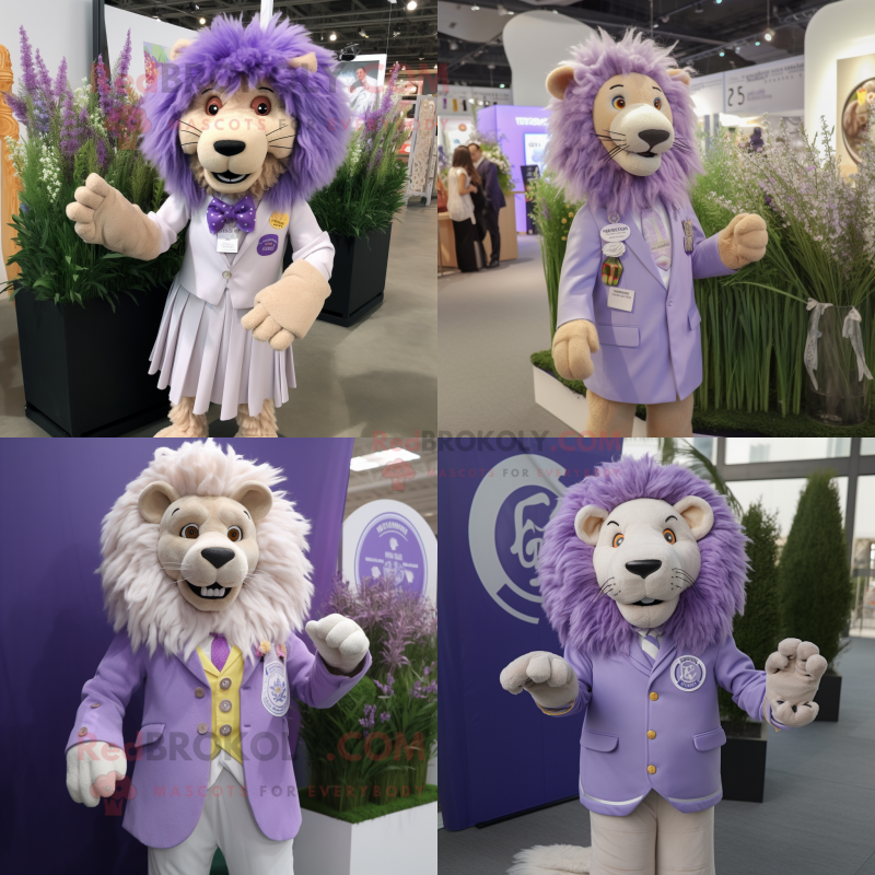 Lavender Lion mascot costume character dressed with Dress and Lapel pins Lavender Lion mascot costume character dressed with Dress and Lapel pins