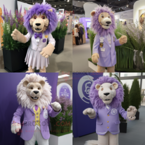 Lavender Lion mascot costume character dressed with Dress and Lapel pins