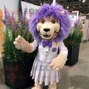 Lavender Lion mascot costume character dressed with Dress and Lapel pins