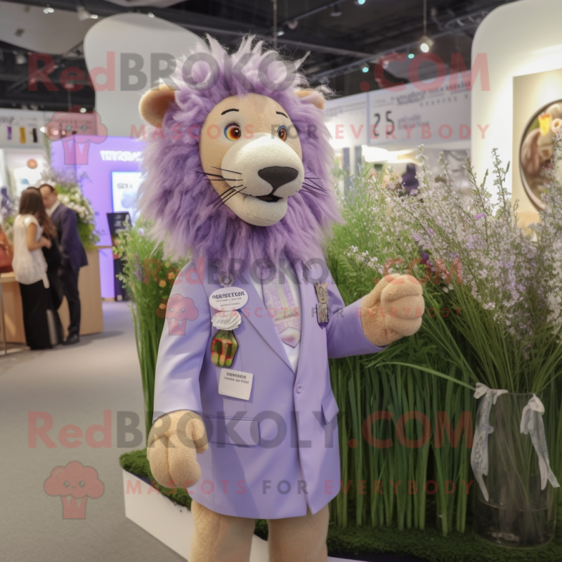 Lavender Lion mascot costume character dressed with Dress and Lapel pins Lavender Lion mascot costume character dressed with Dress and Lapel pins