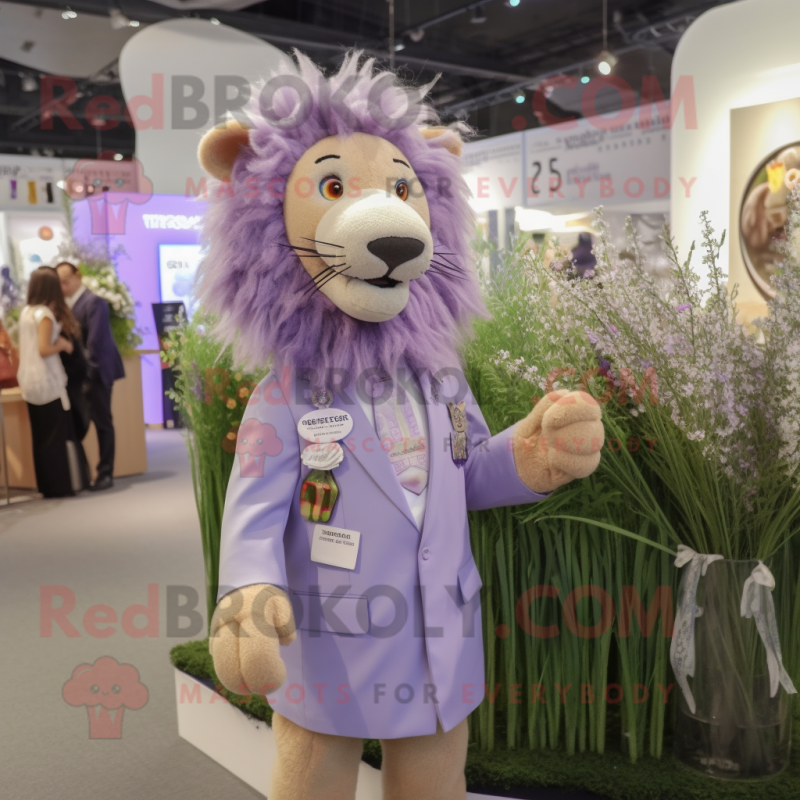 Lavender Lion mascot costume character dressed with Dress and Lapel pins