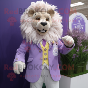 Lavender Lion mascot costume character dressed with Dress and Lapel pins