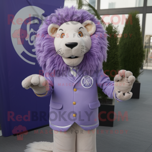 Lavender Lion mascot costume character dressed with Dress and Lapel pins